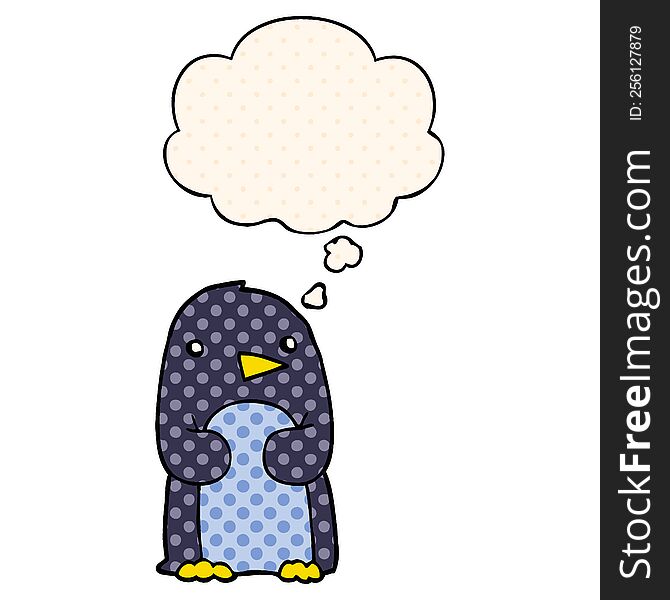 cartoon penguin with thought bubble in comic book style