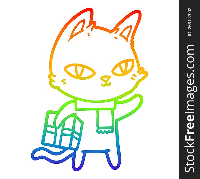 rainbow gradient line drawing of a cartoon cat with gift