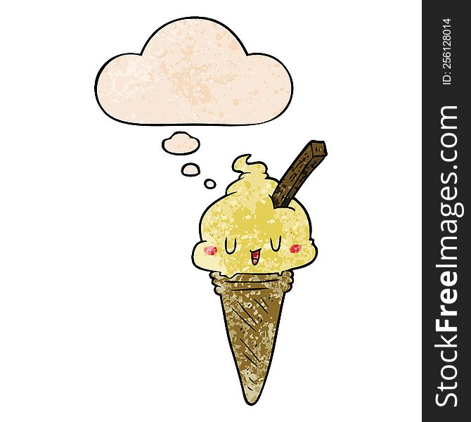 cute cartoon ice cream and thought bubble in grunge texture pattern style