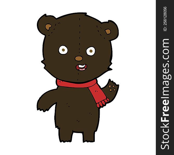 Cartoon Waving Black Bear Cub With Scarf