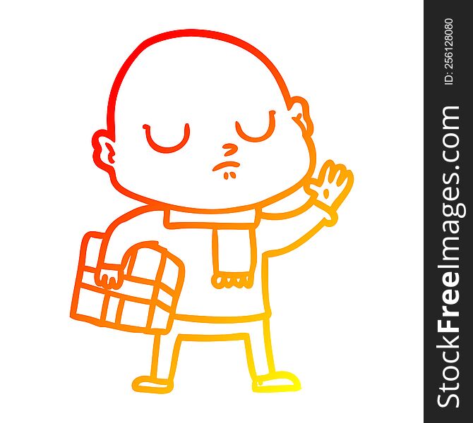 Warm Gradient Line Drawing Cartoon Bald Man With Xmas Gift