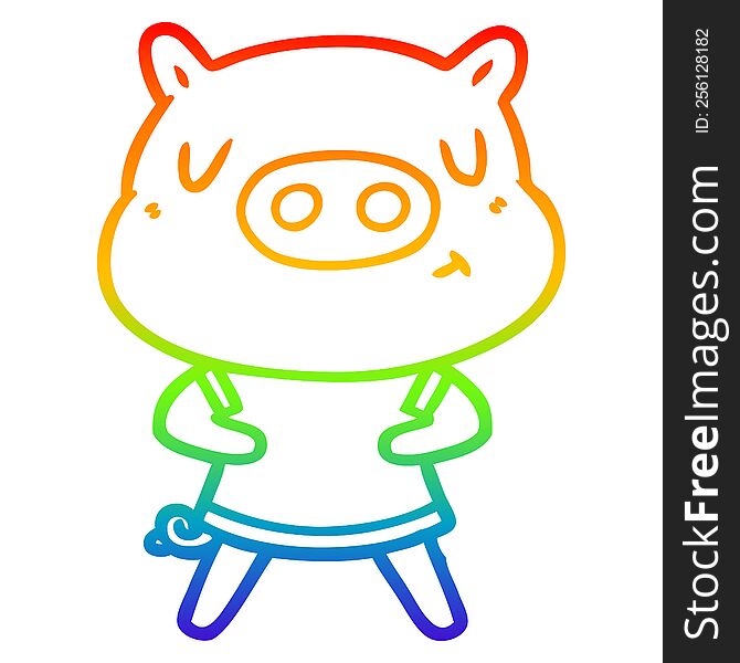 rainbow gradient line drawing of a cartoon content pig wearing t shirt