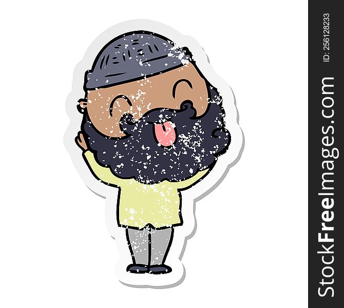 distressed sticker of a man with beard sticking out tongue