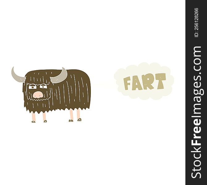 Flat Color Illustration Of A Cartoon Hairy Cow Farting