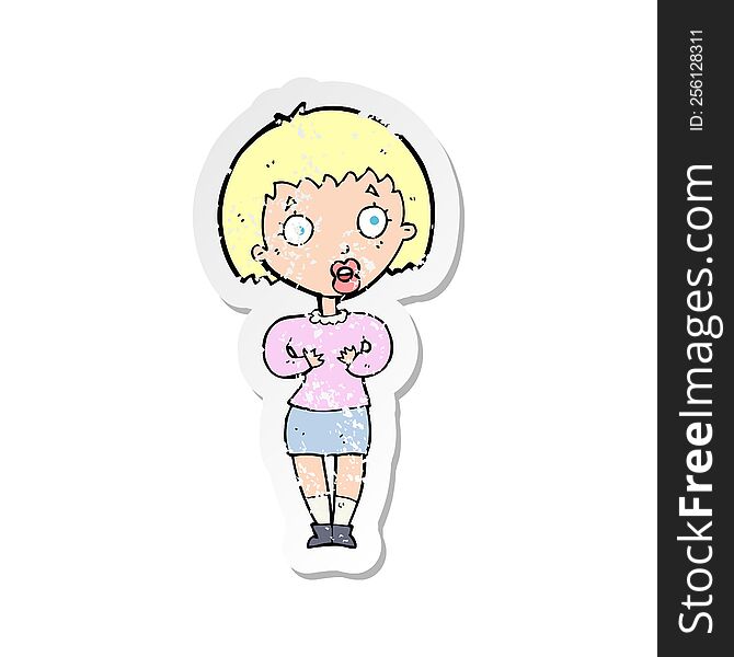 retro distressed sticker of a cartoon woman making Who Me gesture