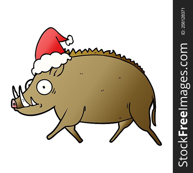 hand drawn gradient cartoon of a wild boar wearing santa hat