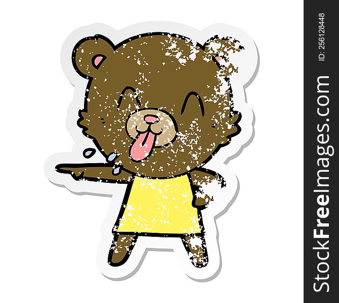Distressed Sticker Of A Rude Cartoon Bear Pointing