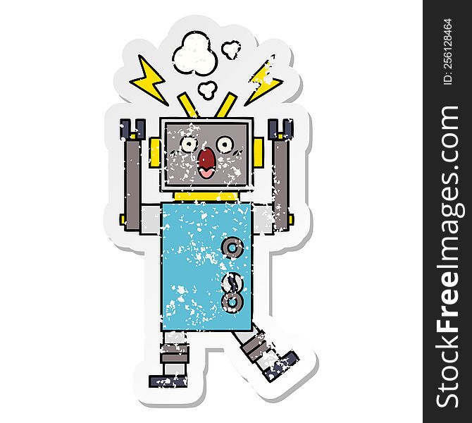 Distressed Sticker Of A Cute Cartoon Malfunctioning Robot