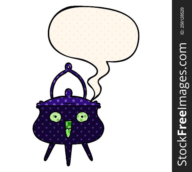 halloween cauldron cartoon with speech bubble in comic book style