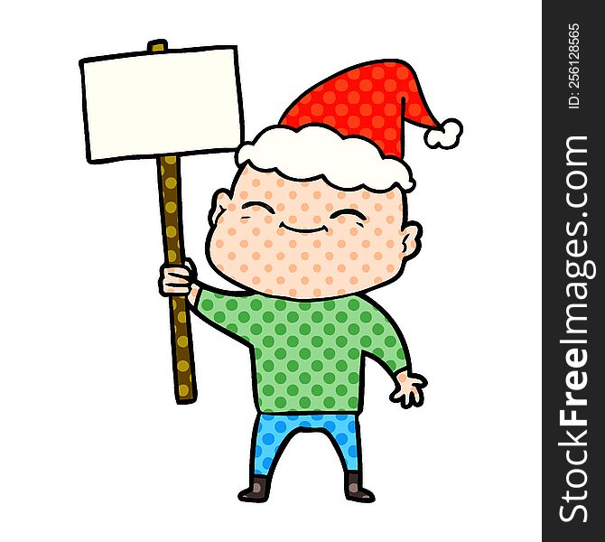happy hand drawn comic book style illustration of a bald man wearing santa hat