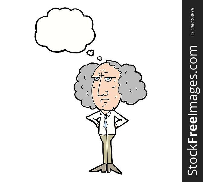 cartoon big hair lecturer man with thought bubble