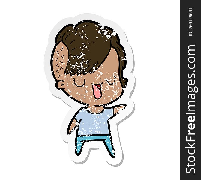 distressed sticker of a cute cartoon girl with hipster haircut