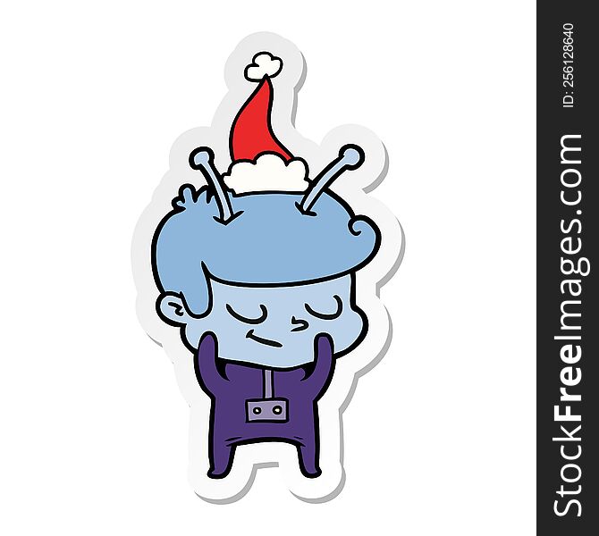 shy hand drawn sticker cartoon of a spaceman wearing santa hat. shy hand drawn sticker cartoon of a spaceman wearing santa hat