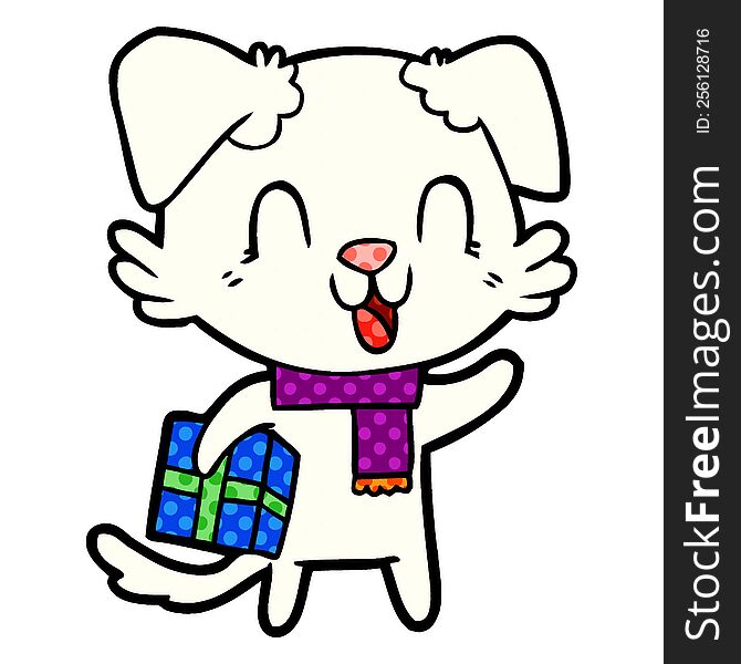 laughing cartoon dog with christmas present. laughing cartoon dog with christmas present