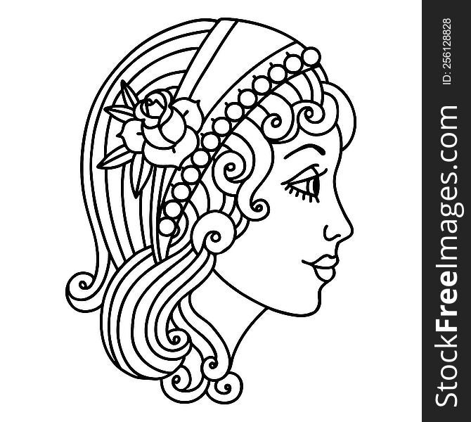 tattoo in black line style of a gypsy head. tattoo in black line style of a gypsy head