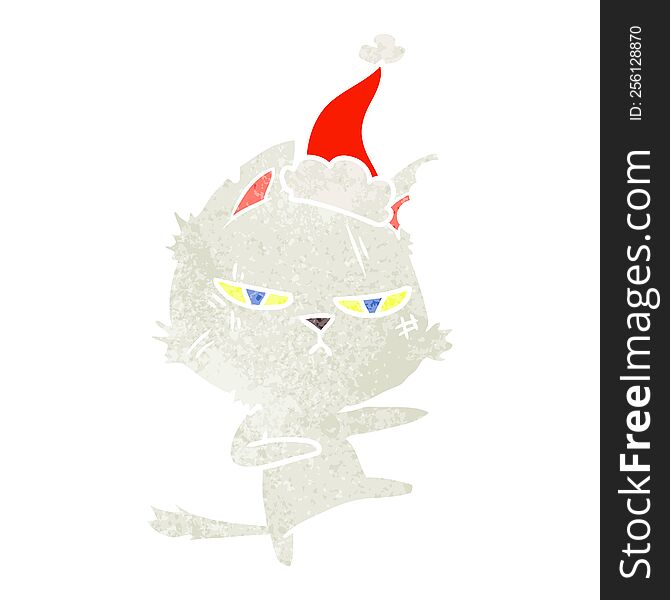 tough hand drawn retro cartoon of a cat wearing santa hat. tough hand drawn retro cartoon of a cat wearing santa hat