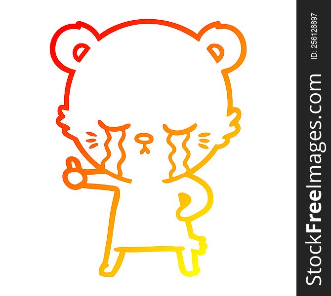 warm gradient line drawing of a crying cartoon bear giving thumbs up