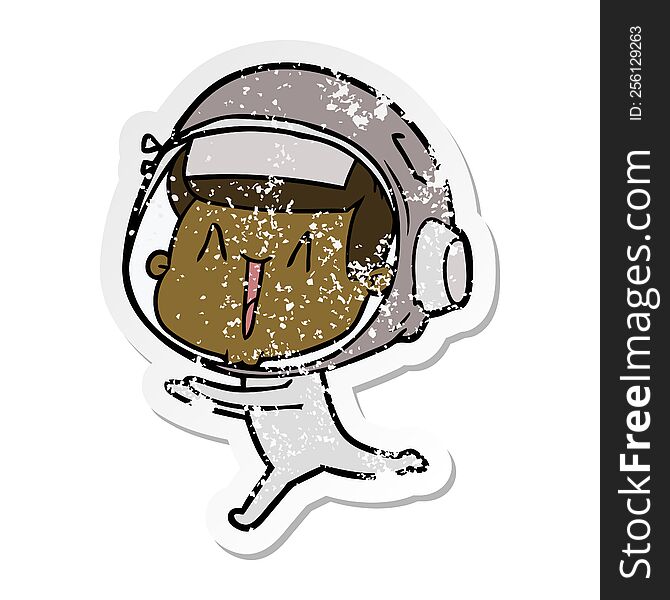 Distressed Sticker Of A Happy Cartoon Astronaut Running