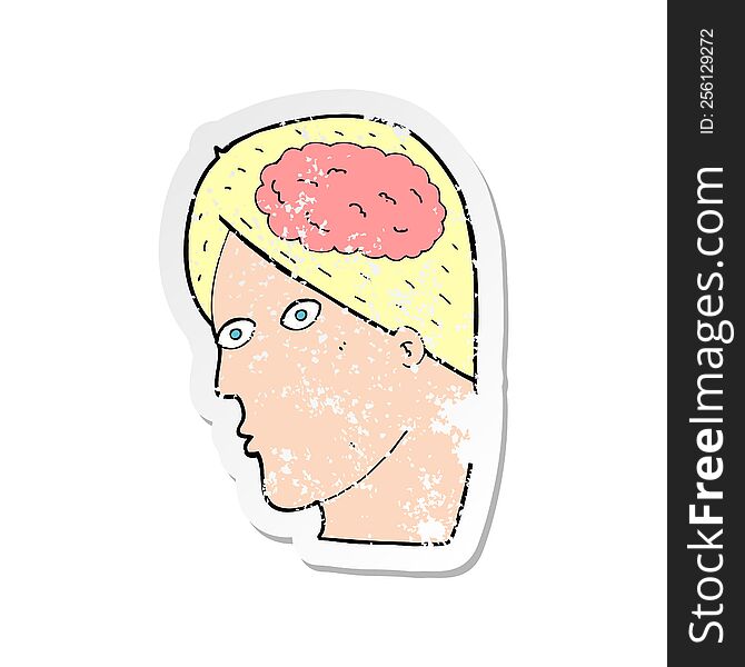 Retro Distressed Sticker Of A Cartoon Head With Brain Symbol