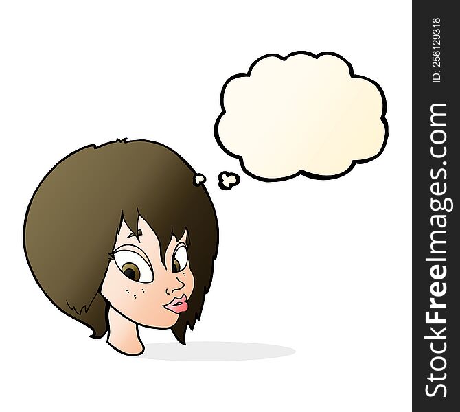 Cartoon Pretty Female Face Pouting With Thought Bubble