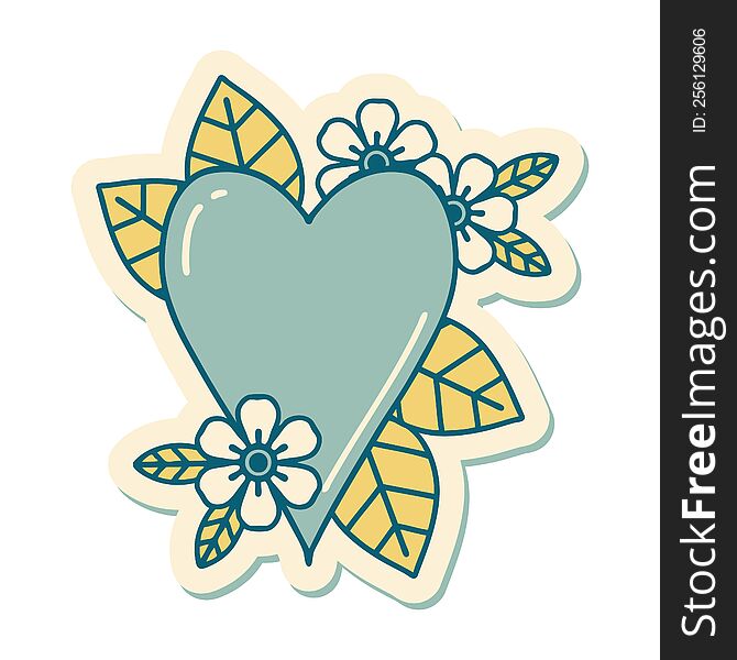 sticker of tattoo in traditional style of a botanical heart. sticker of tattoo in traditional style of a botanical heart