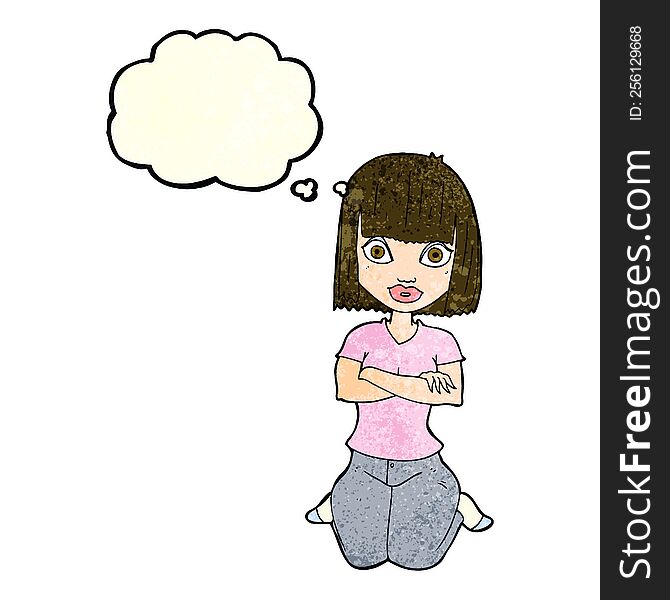 cartoon woman kneeling with thought bubble