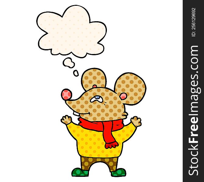 cartoon mouse wearing scarf with thought bubble in comic book style