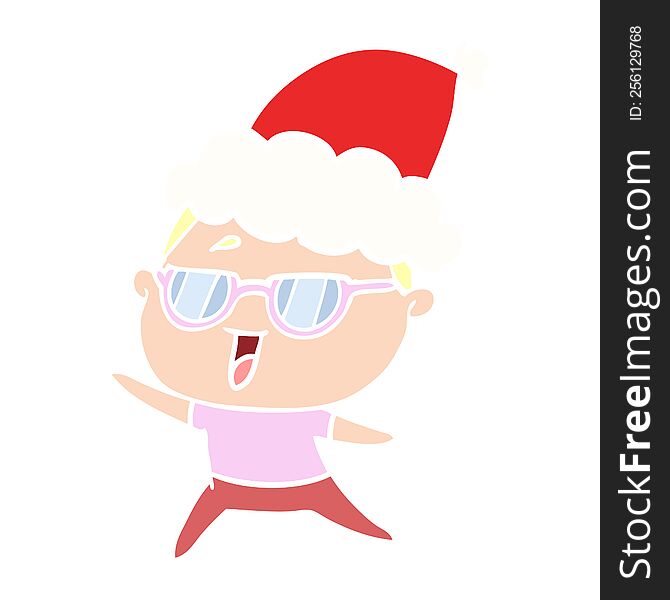 flat color illustration of a happy woman wearing spectacles wearing santa hat