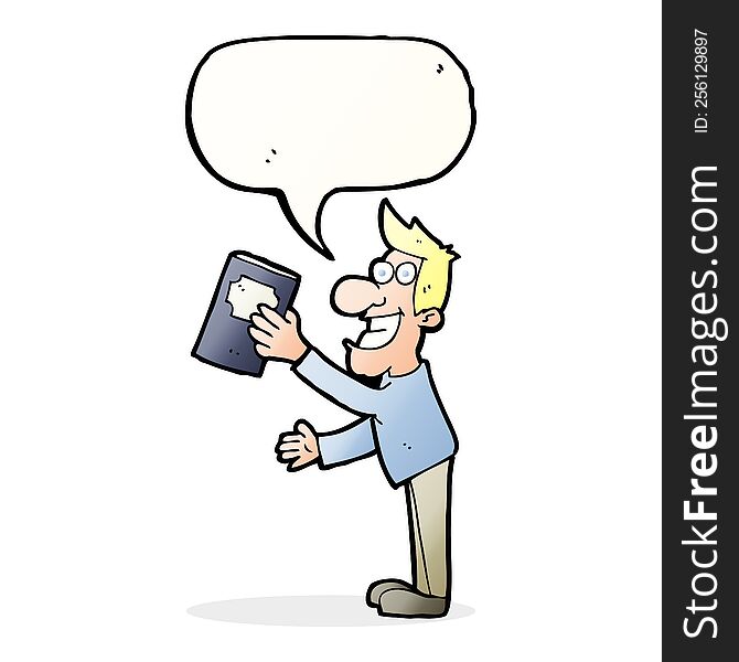 cartoon man with book with speech bubble