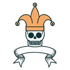 Tattoo With Banner Of A Skull Jester Royalty Free Stock Image