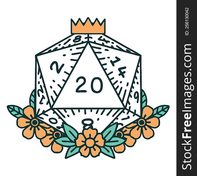 Natural 20 D20 Dice Roll With Floral Elements Illustration