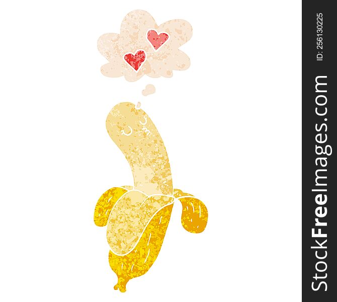 cartoon banana in love with thought bubble in grunge distressed retro textured style. cartoon banana in love with thought bubble in grunge distressed retro textured style