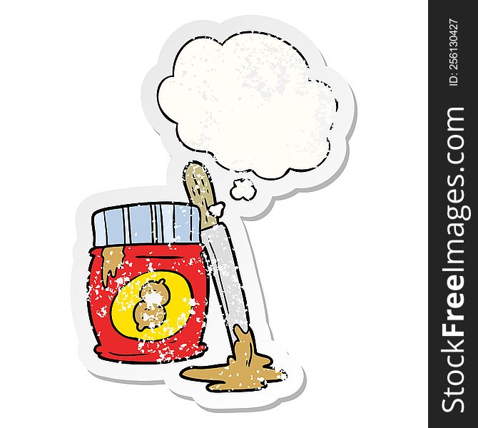 cartoon peanut butter with thought bubble as a distressed worn sticker