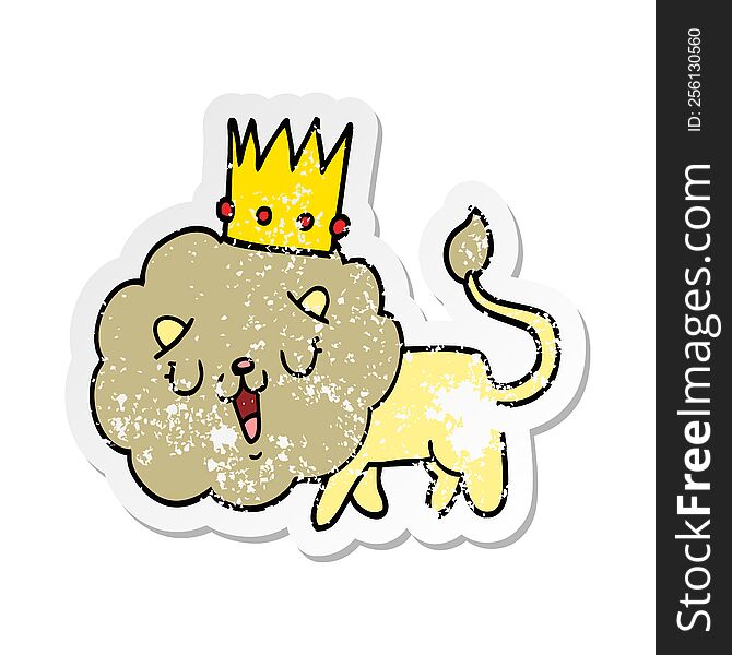 distressed sticker of a cartoon lion with crown