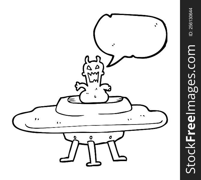 freehand drawn speech bubble cartoon alien in flying saucer