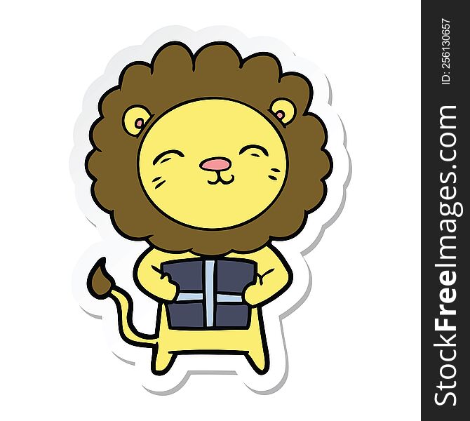 Sticker Of A Cartoon Lion With Christmas Present