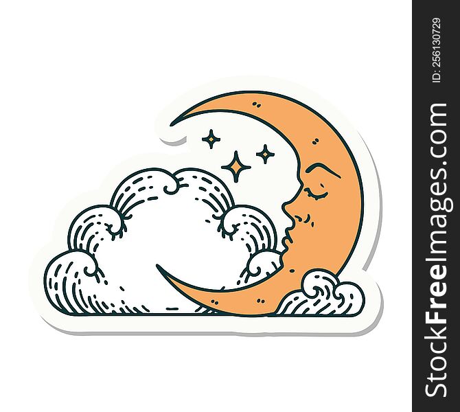 sticker of tattoo in traditional style of a crescent moon and clouds. sticker of tattoo in traditional style of a crescent moon and clouds