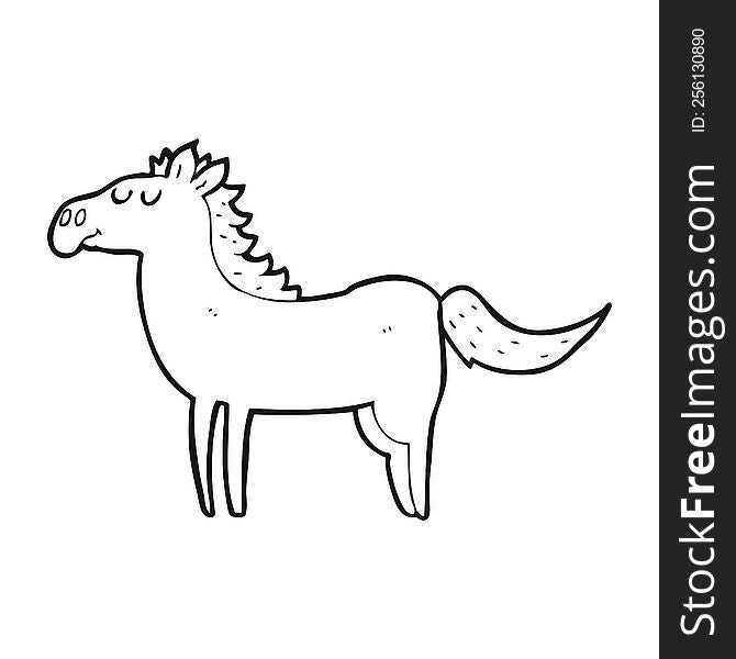 freehand drawn black and white cartoon horse