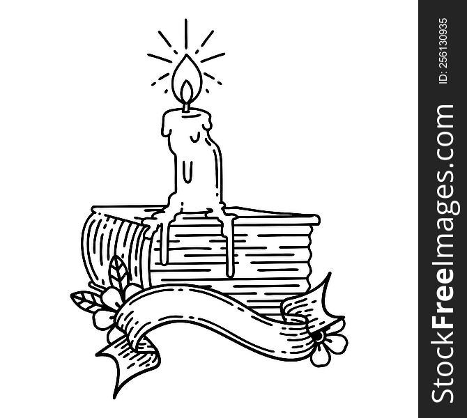 scroll banner with black line work tattoo style candle melting on book