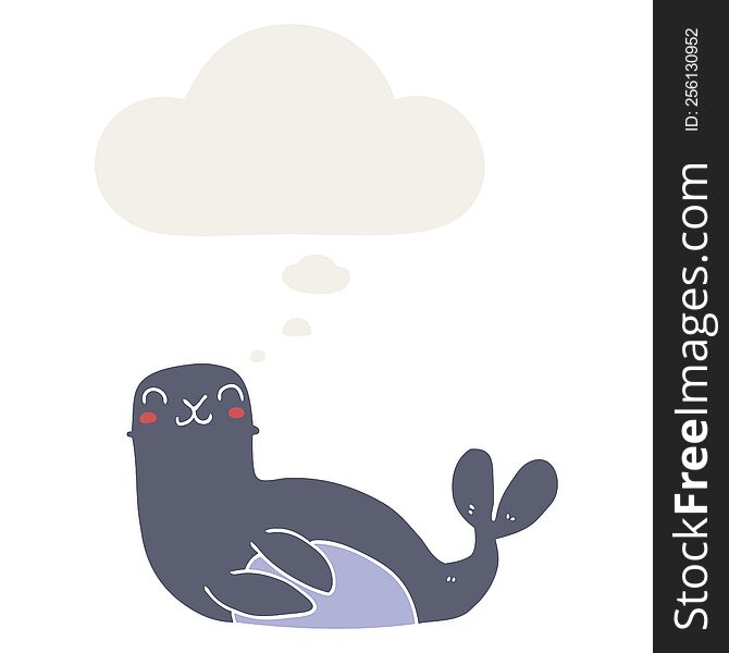 cartoon seal with thought bubble in retro style