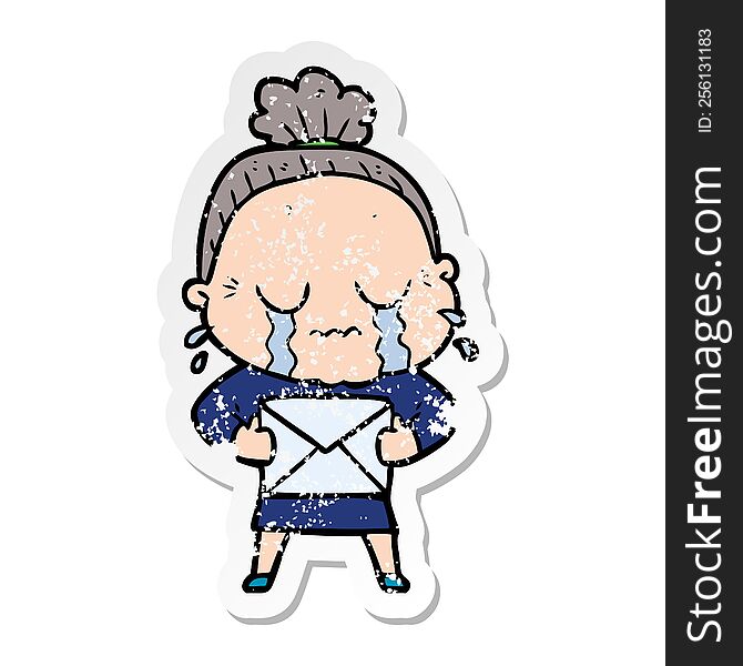 Distressed Sticker Of A Cartoon Old Woman Crying With Letter
