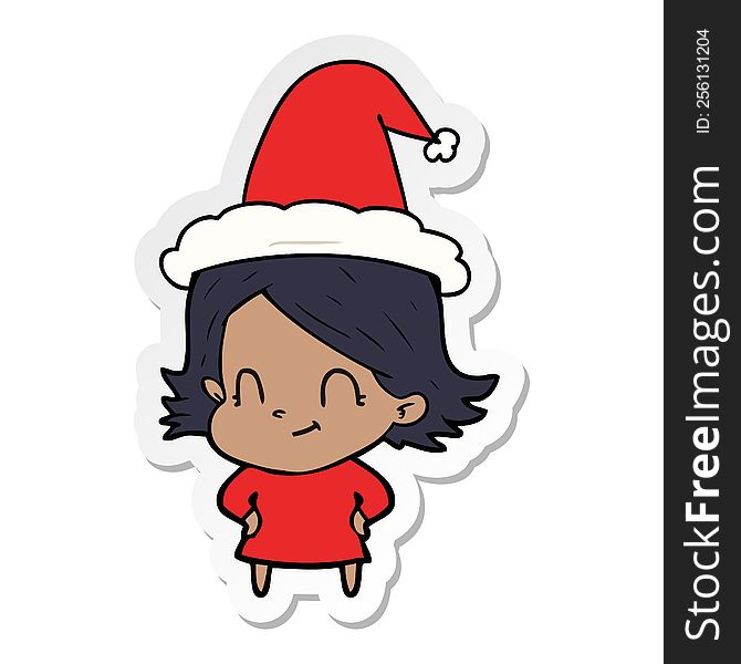 Sticker Cartoon Of A Friendly Girl Wearing Santa Hat