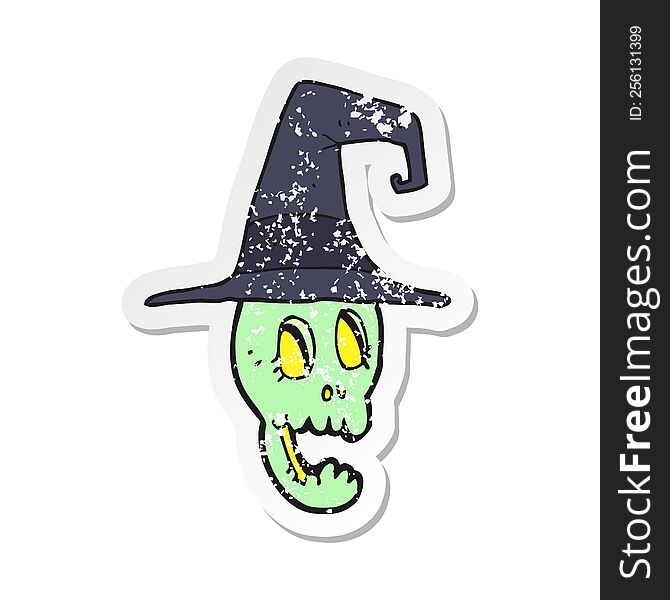Retro Distressed Sticker Of A Cartoon Skull Wearing Witch Hat