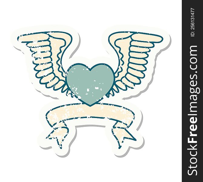 worn old sticker with banner of a heart with wings. worn old sticker with banner of a heart with wings