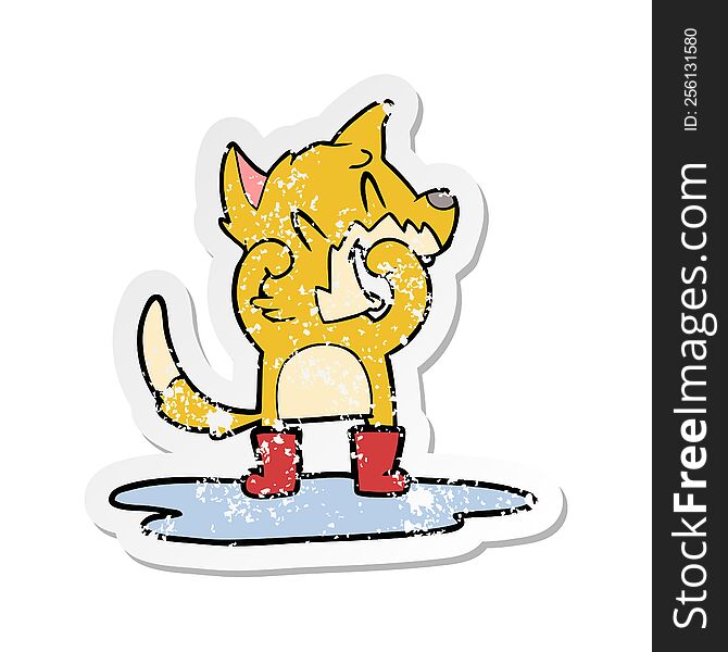 distressed sticker of a laughing fox in a puddle