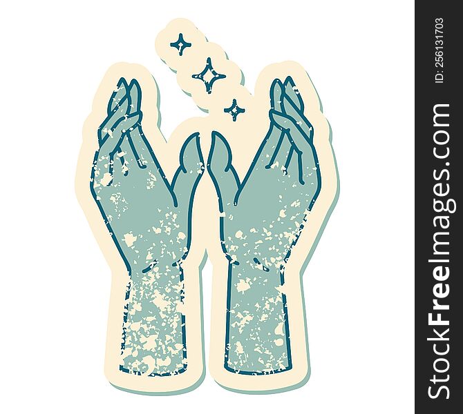 Distressed Sticker Tattoo Style Icon Of Reaching Hands