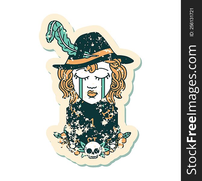 grunge sticker of a crying human bard with natural one D20 dice roll. grunge sticker of a crying human bard with natural one D20 dice roll