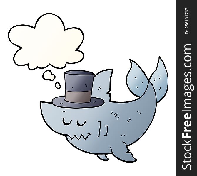 cartoon shark wearing top hat with thought bubble in smooth gradient style