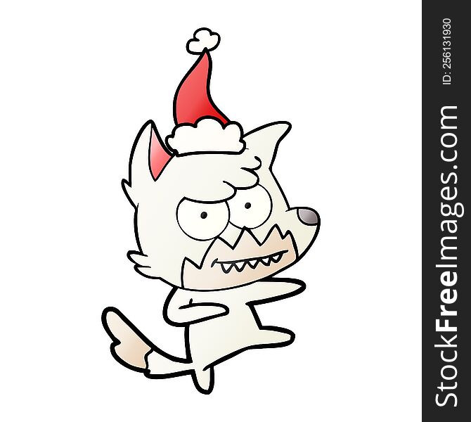 Gradient Cartoon Of A Grinning Fox Wearing Santa Hat