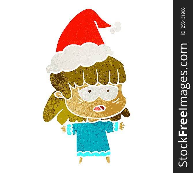 hand drawn retro cartoon of a tired woman wearing santa hat